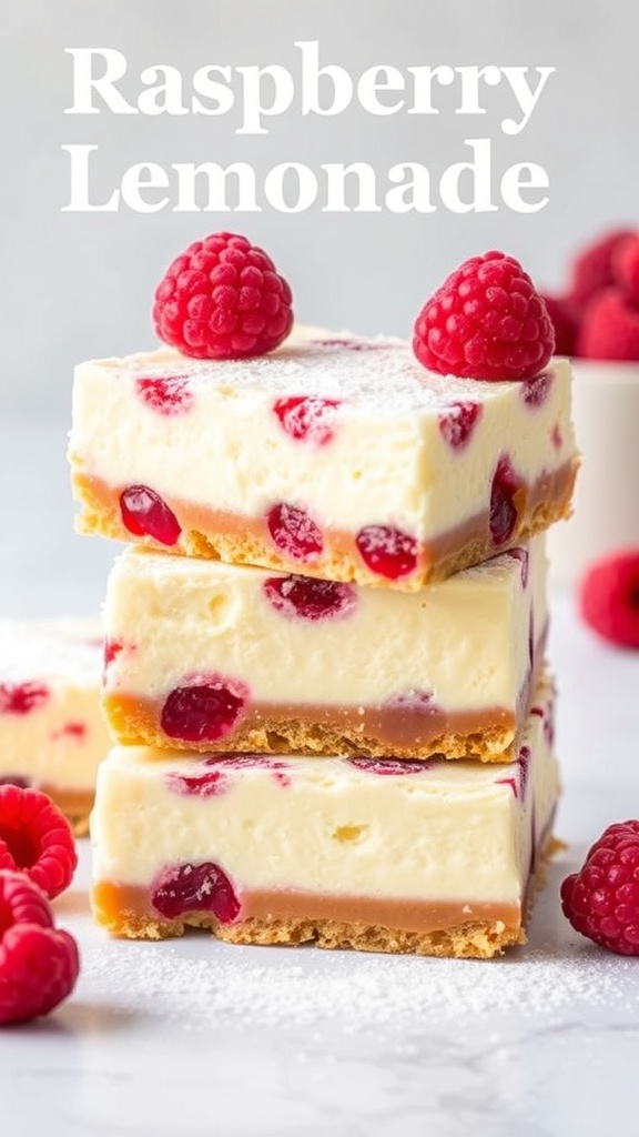 Delicious raspberry lemonade bars stacked with fresh raspberries on top