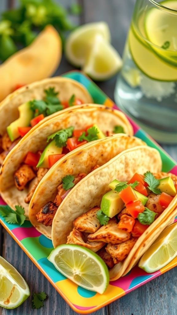 A colorful plate of spicy grilled chicken tacos with fresh toppings and lime wedges