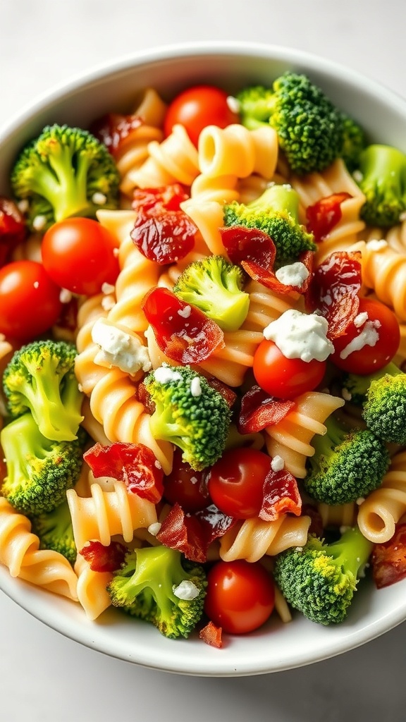 A bowl of Broccoli BLT Pasta Salad with cherry tomatoes, bacon, and broccoli