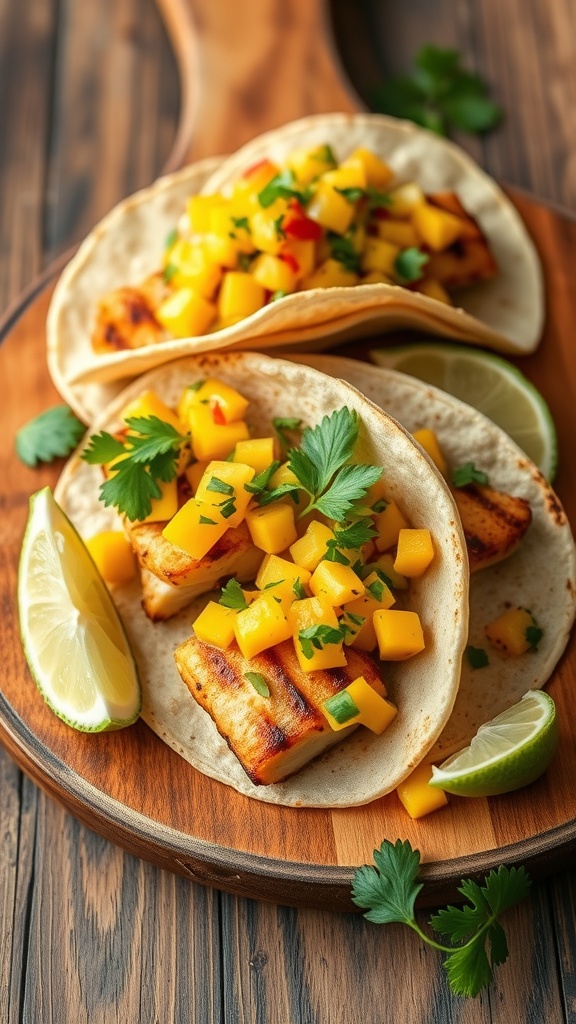 Grilled fish tacos topped with mango salsa on a wooden platter