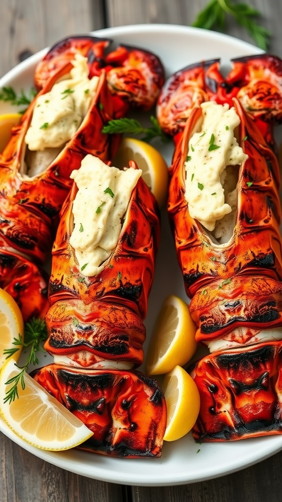 Grilled lobster tails topped with garlic butter and garnished with lemon slices