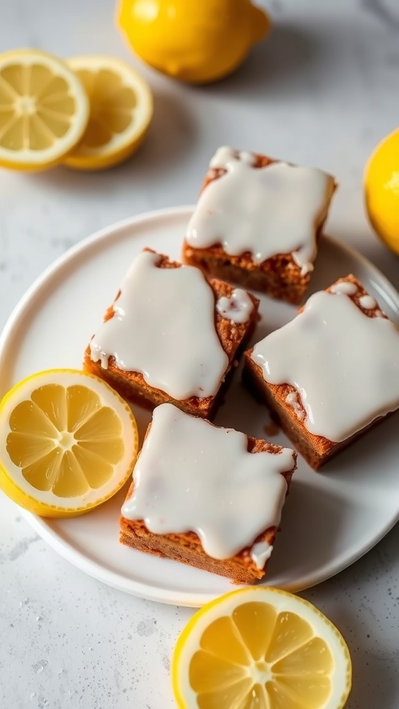 Delicious lemonade brownies with a lemon glaze on a plate, surrounded by fresh lemon slices.