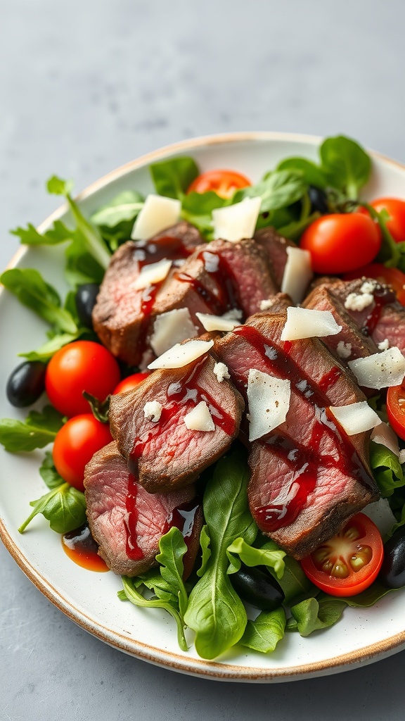 A plate of Straccetti Di Manzo, an Italian steak salad with greens, tomatoes, and balsamic drizzle.