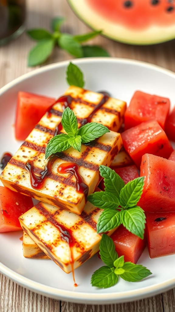 Grilled halloumi cheese served with fresh watermelon cubes and mint leaves.