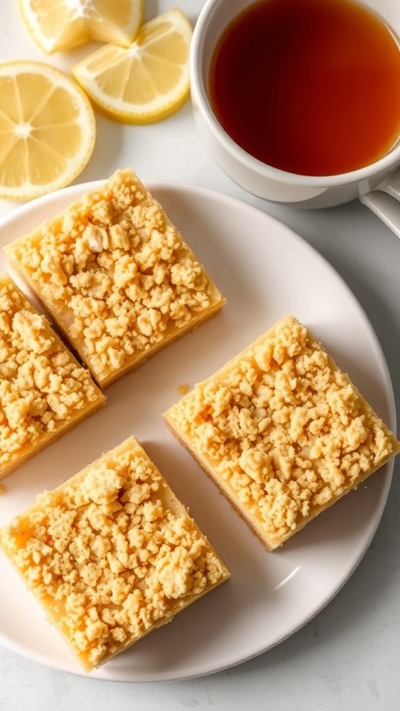 Lemonade crumb bars on a plate with lemon slices and a cup of tea