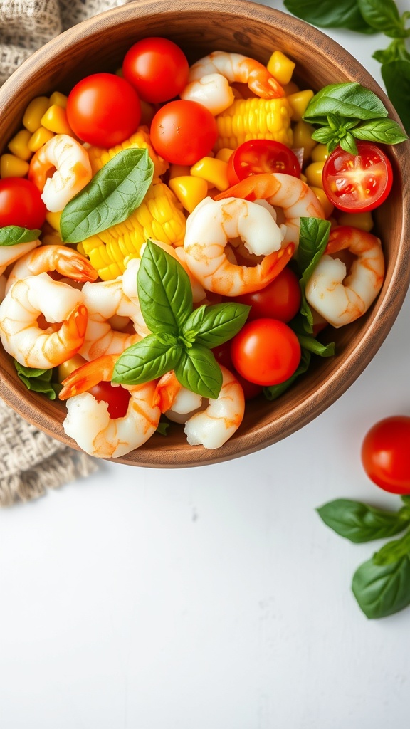 A bowl of Summer Corn and Tomato Shrimp Salad with shrimp, corn, and cherry tomatoes.