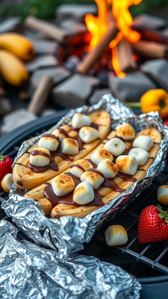 Grilled chocolate banana boats with marshmallows on a grill