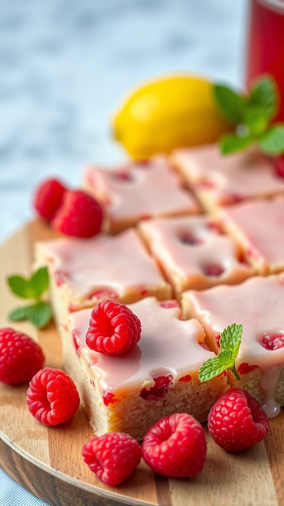 Raspberry lemonade bars with fresh raspberries and lemon