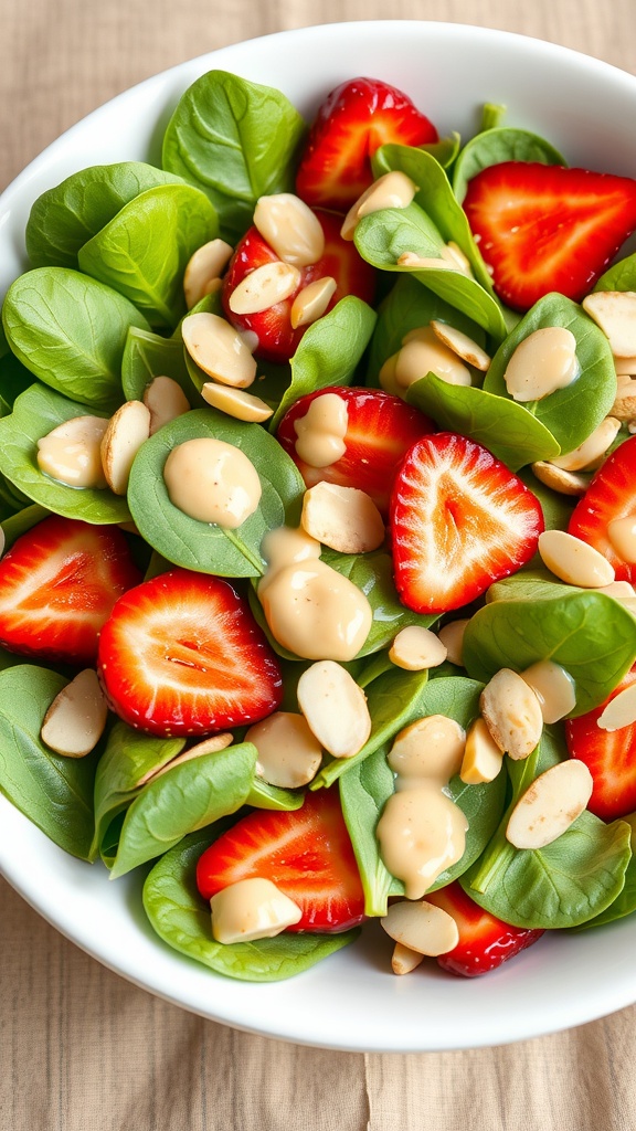 A fresh Strawberry Spinach Salad with poppy seed dressing, featuring sliced strawberries, spinach leaves, and almonds.