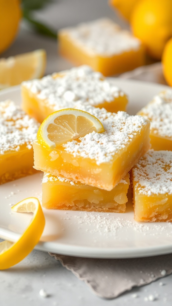 Delicious lemonade bars topped with powdered sugar and lemon slices