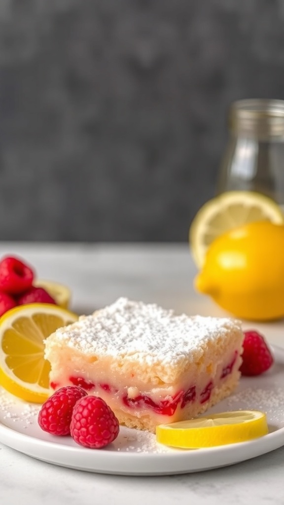 Delicious raspberry lemonade bars with lemon slices and fresh raspberries