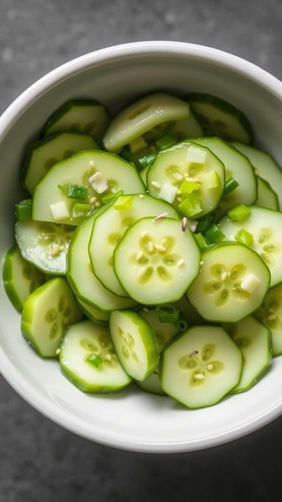A bowl of sliced cucumbers garnished with green onions.