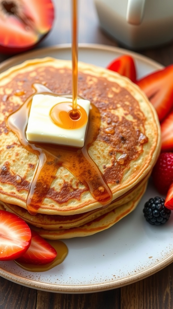 Fluffy overnight sourdough pancakes with butter and syrup, garnished with strawberries