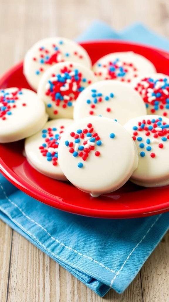 A plate of Patriotic Dipped Oreos with red, white, and blue sprinkles