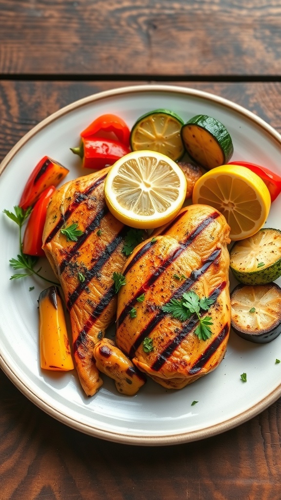 Grilled lemon herb chicken served with colorful vegetables