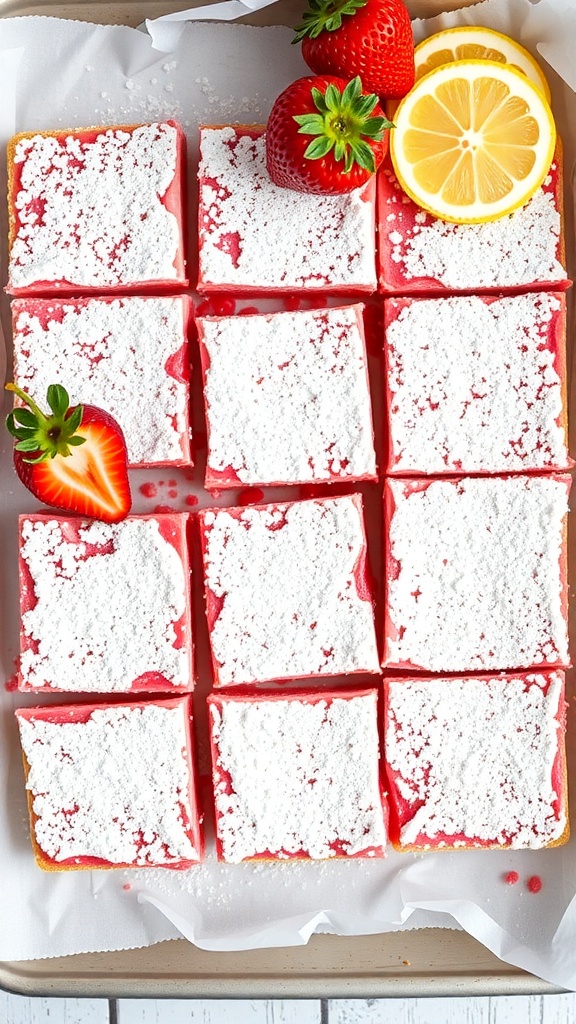 Delicious strawberry lemonade bars topped with powdered sugar and garnished with strawberries and lemon slices.