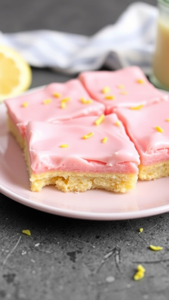 Delicious frosted pink lemonade bars on a plate