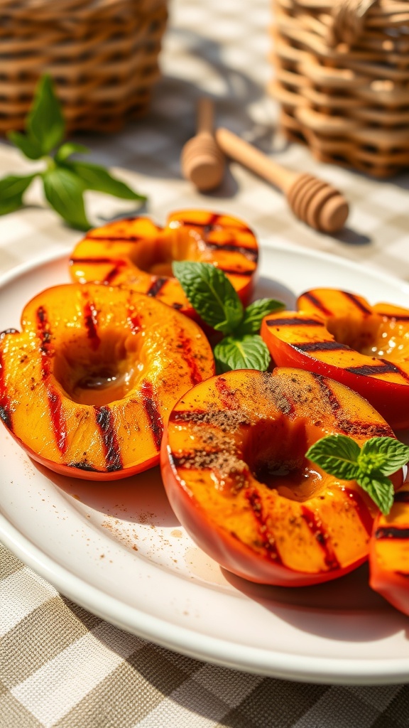 Grilled peaches on a plate garnished with mint leaves