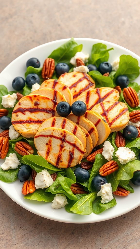 A colorful grilled chicken salad with goat cheese, blueberries, and pecans on a white plate.
