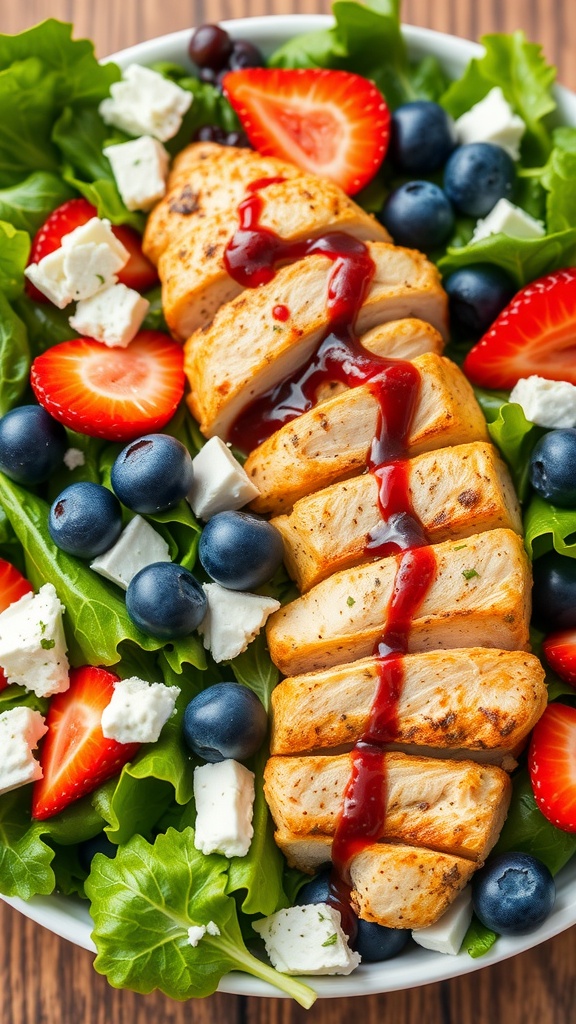 A vibrant bowl of grilled chicken salad topped with strawberries, blueberries, and feta cheese.