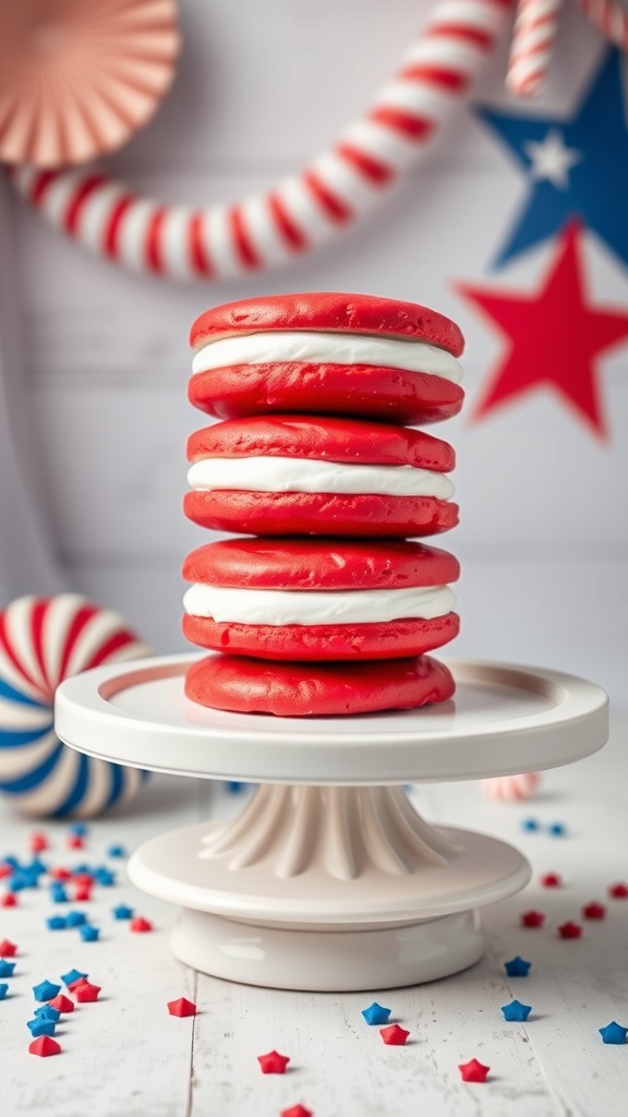 A stack of red whoopie pies with white filling on a cake stand, decorated with red, white, and blue elements.