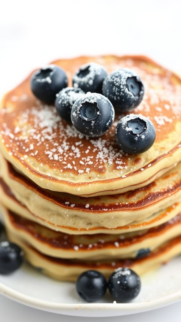 Stack of sourdough pancakes topped with blueberries and powdered sugar