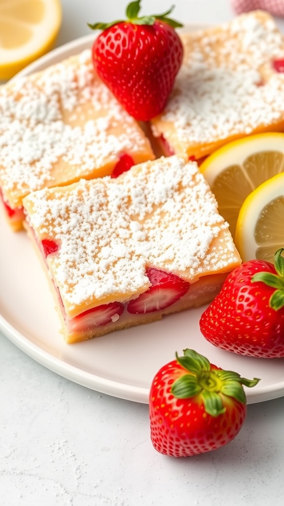 Delicious strawberry lemonade bars garnished with strawberries and lemon slices