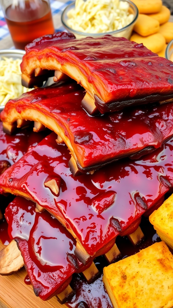 Delicious BBQ ribs glazed with sauce, served with sides.