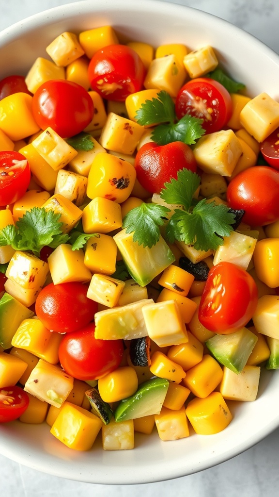 A colorful bowl of grilled corn salad with avocado, tomatoes, and cilantro.