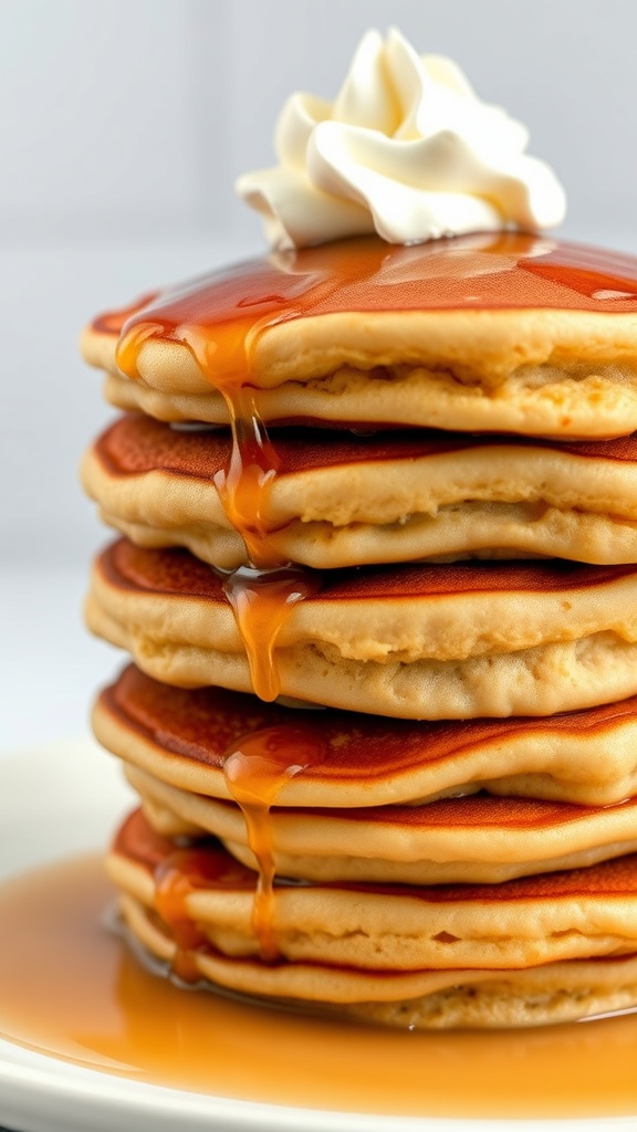 Stack of fluffy sourdough pancakes topped with whipped cream and syrup