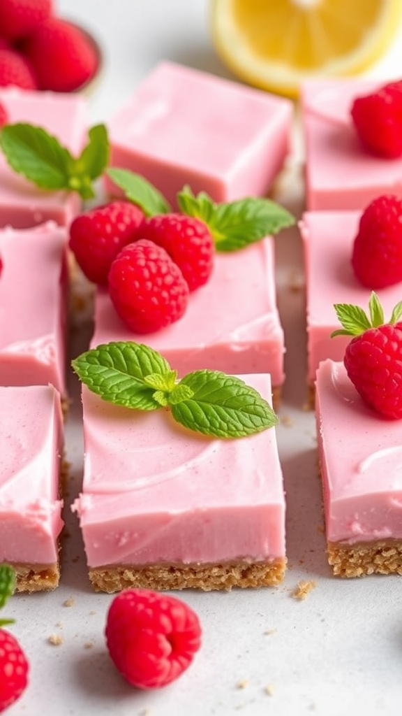 Delicious pink lemonade bars topped with raspberries and mint leaves