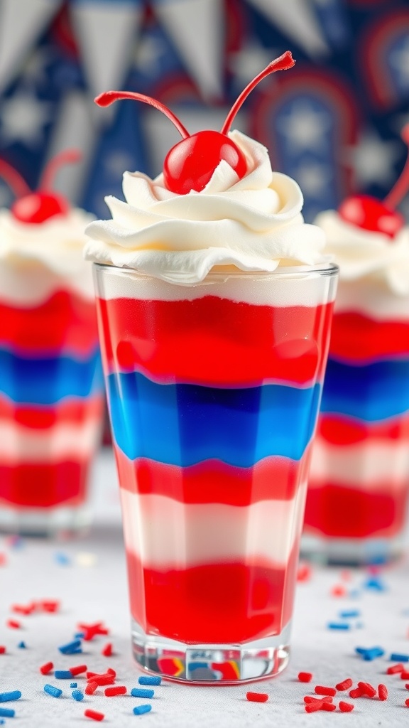 Colorful layered Jello cups with red, white, and blue colors topped with whipped cream and a cherry