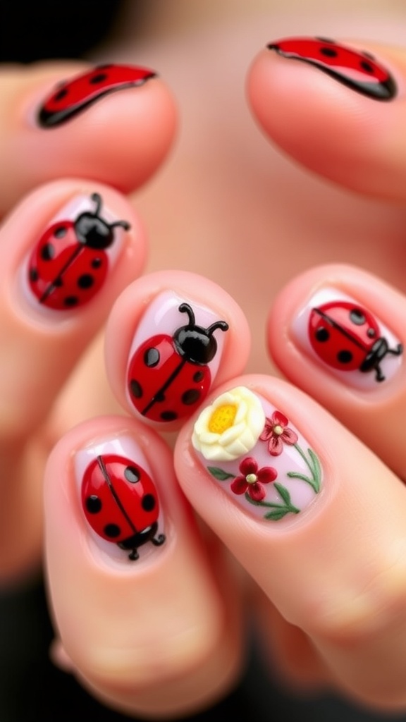 Nails featuring 3D ladybug designs and floral accents.