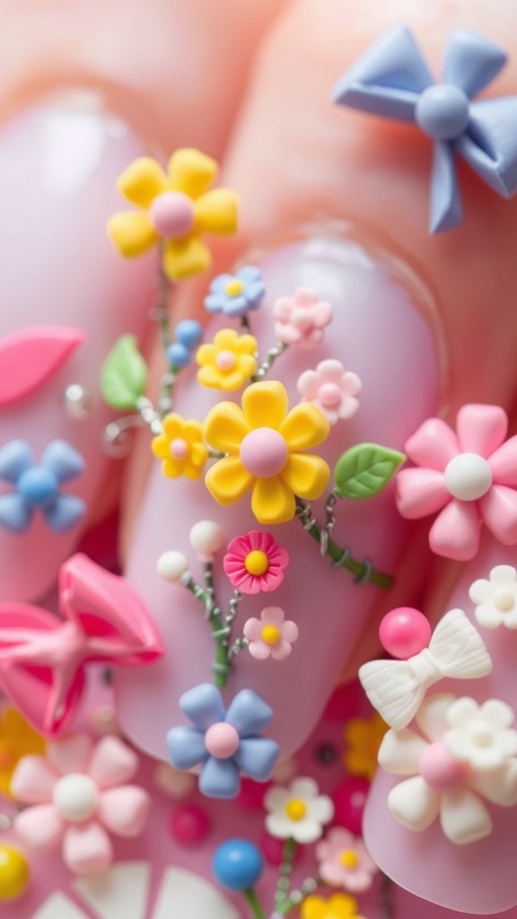 Colorful 3D nail art featuring flowers and bows on pink nails.