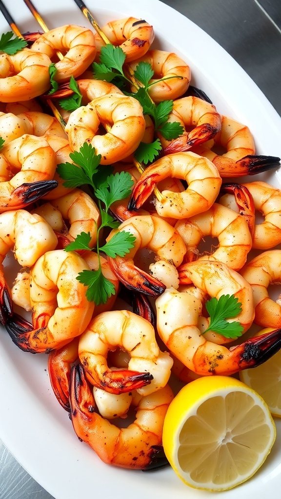 A platter of grilled shrimp skewers garnished with parsley and lemon.