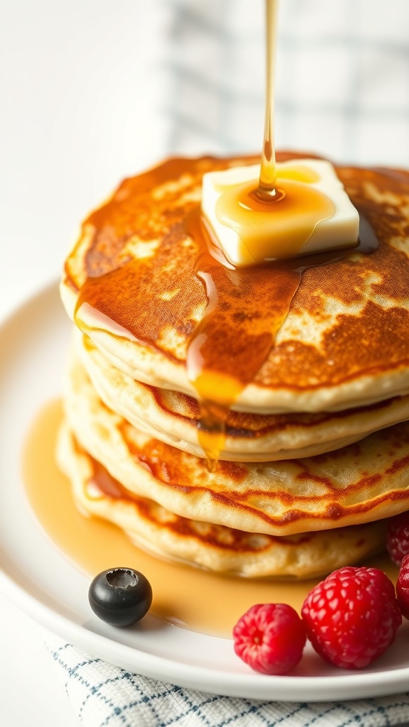 A stack of fluffy sourdough pancakes topped with butter and syrup, with berries on the side.