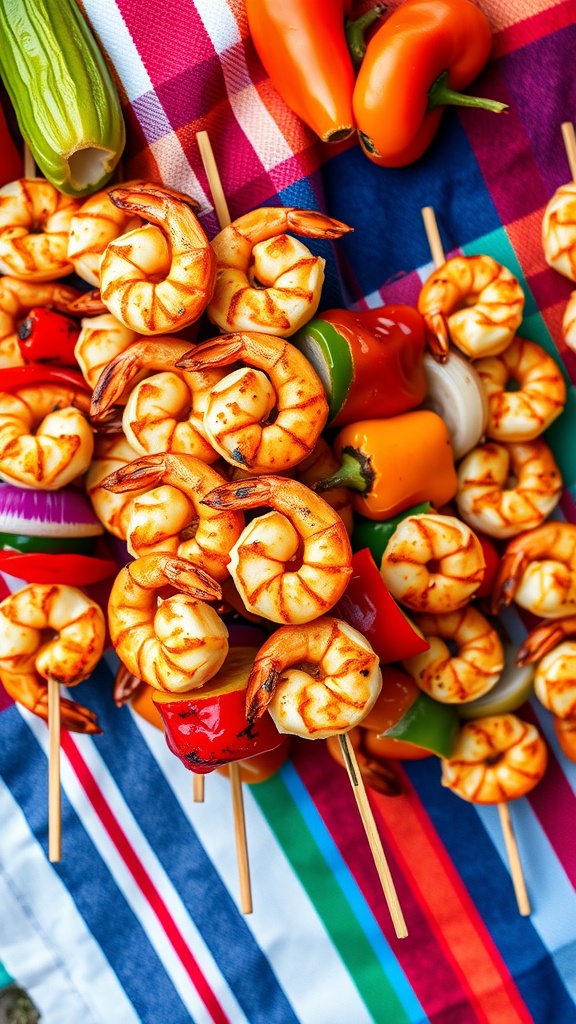 A colorful display of grilled shrimp skewers with bell peppers on a picnic blanket.