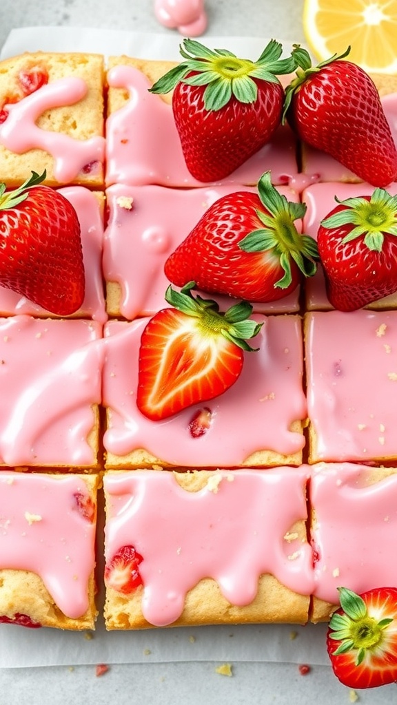 Delicious strawberry lemonade blondies topped with fresh strawberries and pink glaze.
