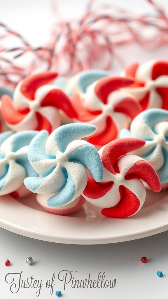 Colorful marshmallow pinwheels in red, white, and blue on a plate