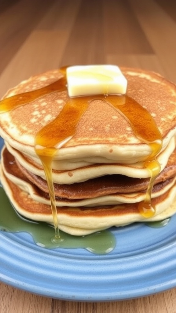 Stack of fluffy sourdough pancakes topped with butter and syrup
