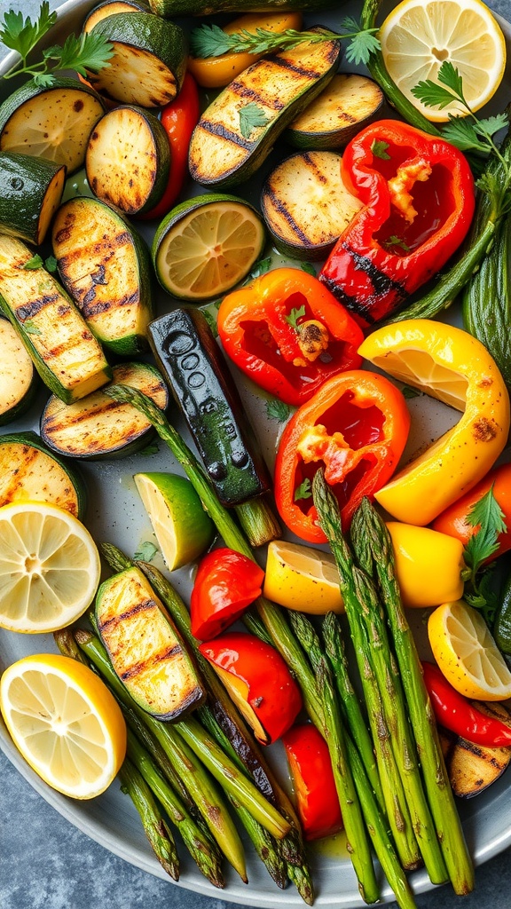 A colorful assortment of grilled vegetables including zucchini, bell peppers, asparagus, and lemon slices on a platter.