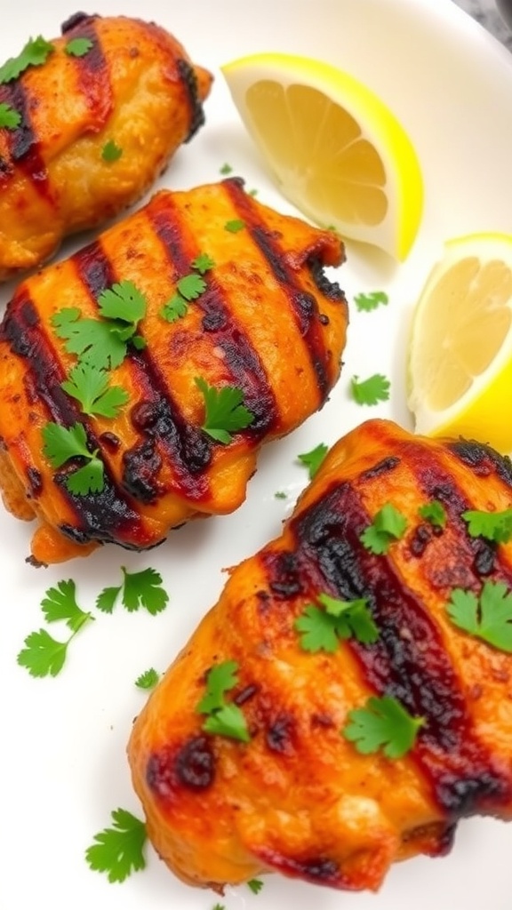 Grilled Tandoori-Style Chicken garnished with cilantro and lemon