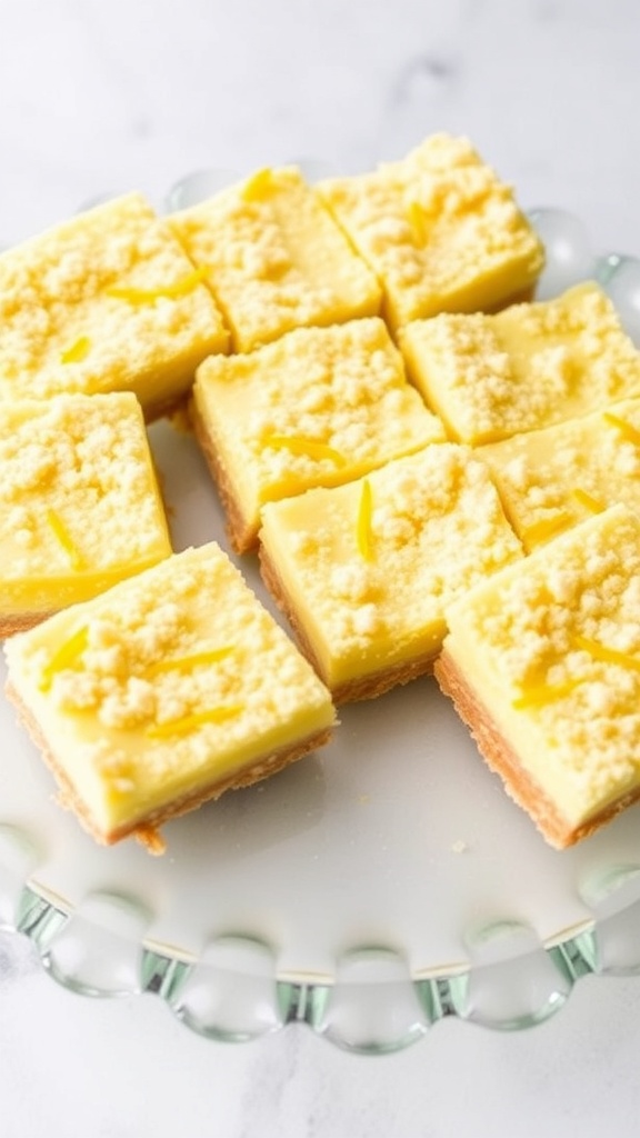 A plate of no-bake frozen lemonade bars cut into squares, topped with lemon zest.