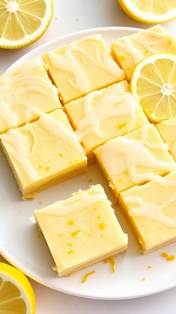 A plate of lemonade gooey bars with lemon slices