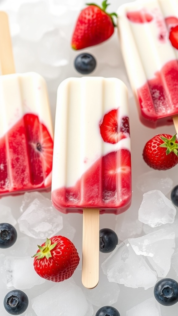 Red, White, and Blueberry Yogurt Popsicles on ice with fresh strawberries and blueberries