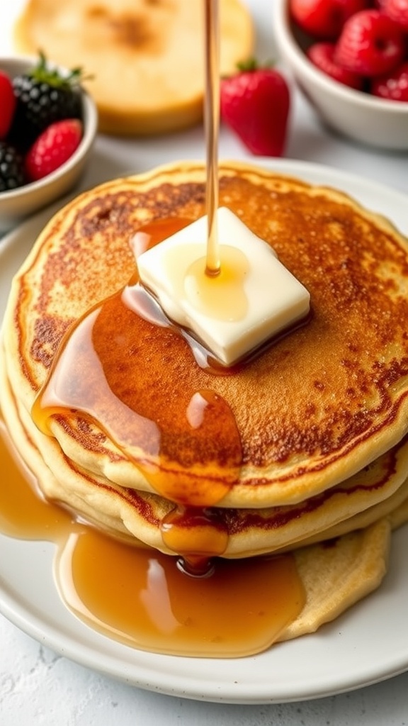 A stack of fluffy sourdough pancakes topped with butter and syrup, surrounded by fresh berries.