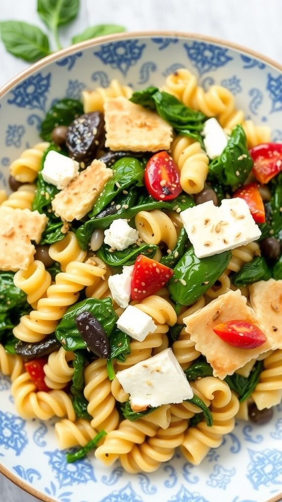 A bowl of Spanakopasta Salad featuring pasta, spinach, feta cheese, and cherry tomatoes.