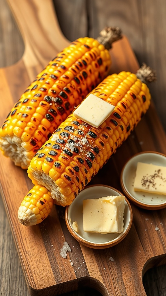 Grilled corn on the cob with butter and salt on a wooden cutting board.
