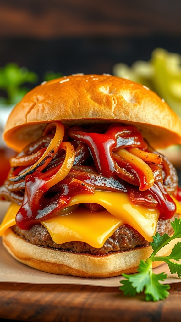 A delicious barbecue onion burger with melted cheese and caramelized onions