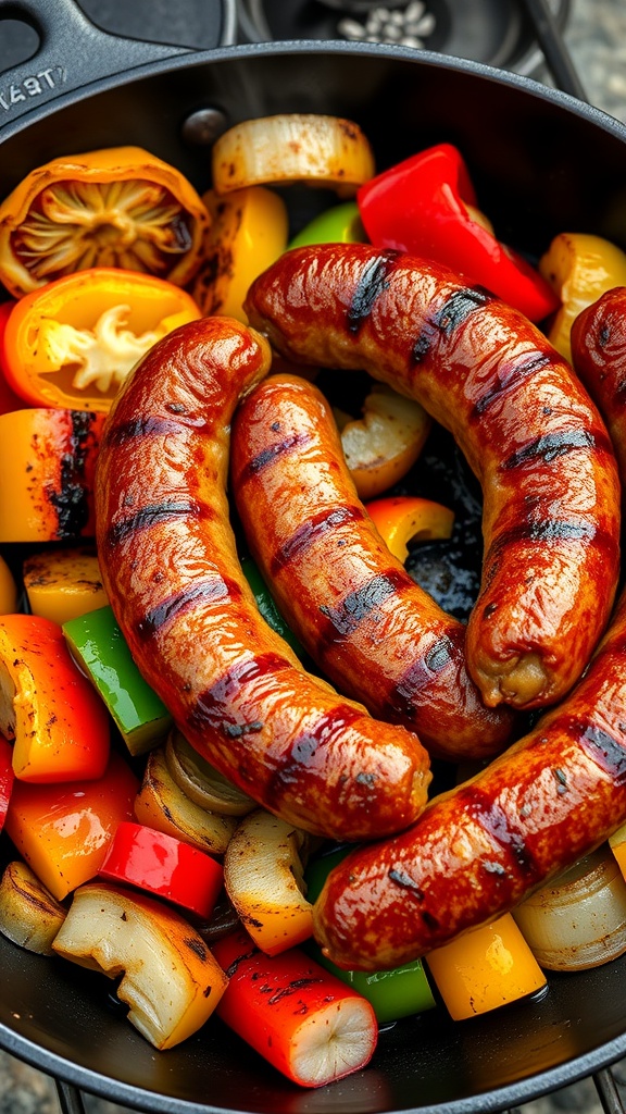Grilled sausages with colorful peppers and onions in a pan